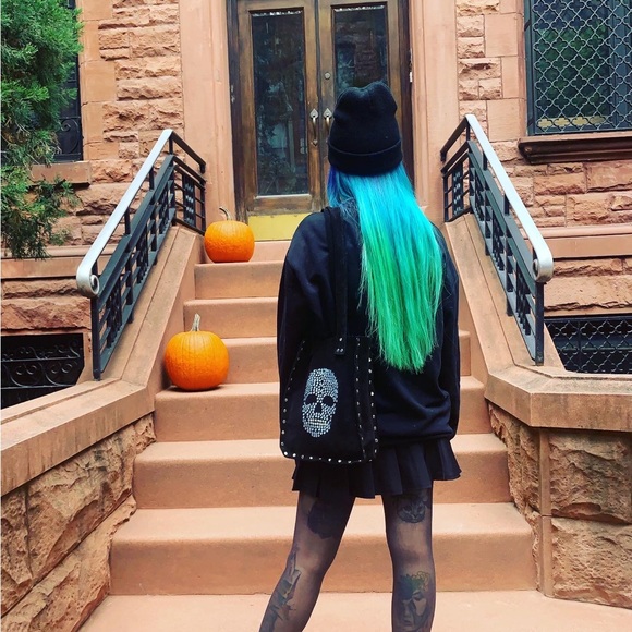 Handcrafted Black Suede Tote with Blue and White Rhinestone Skull - Picture 5 of 9